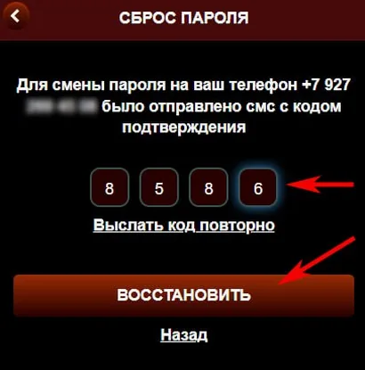 Экран ввода кода из СМС в полноэкранной форме ярлыка